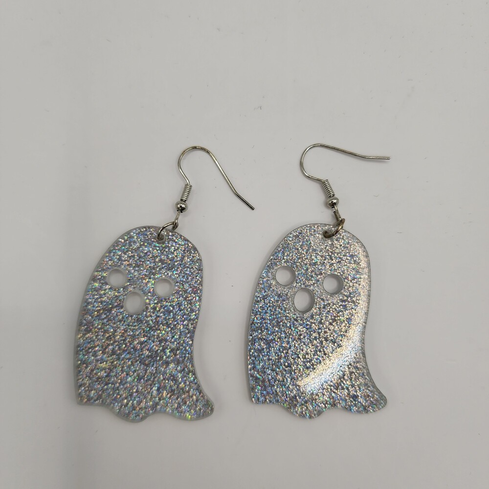 Holographic Silver Glitter Acrylic Spooky Ghost Dangle Drop Halloween Earrings